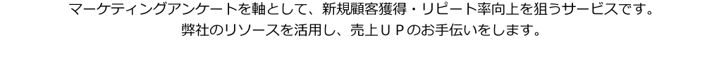 マーケティングアンケートを軸として、新規顧客獲得・リピート率向上を狙うサービスです。
弊社のリソースを活用し、売上ＵＰのお手伝いをします。